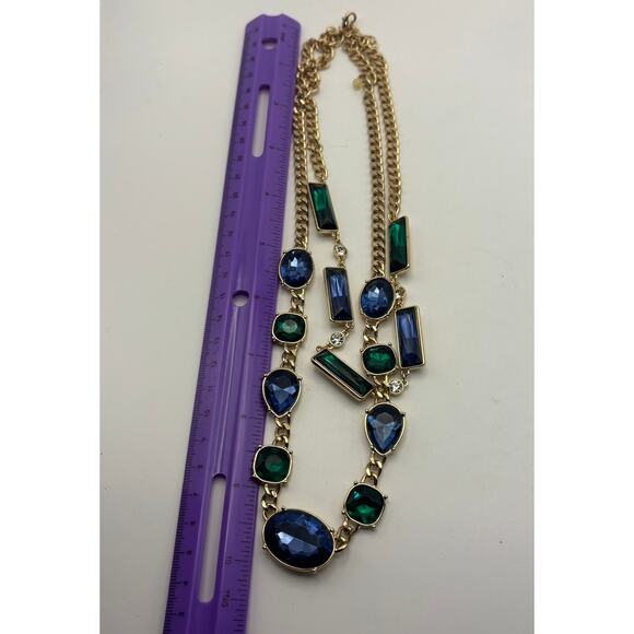 Signed NRQ (Avon) Goldtone Green Blue Rhinestones Double Strands Necklace - Picture 2 of 4